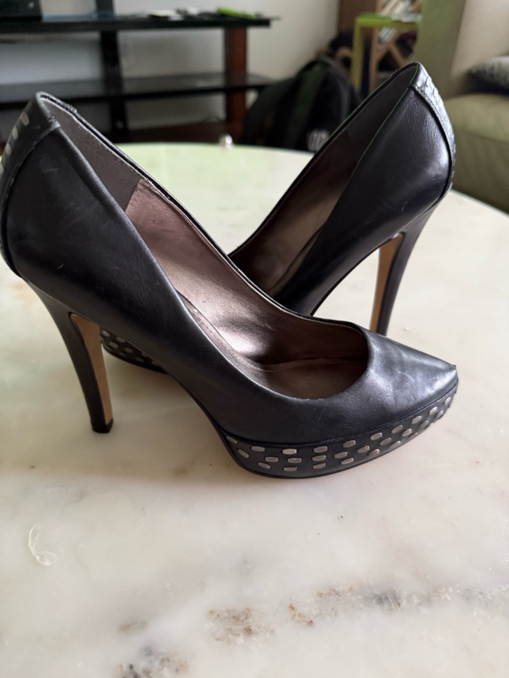 Vince Camuto Black Leather Platform High Heel Pumps with Perforated Trim